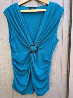 Y2K AGB Teal Draped V-Neck Tops with Center Ring size XL